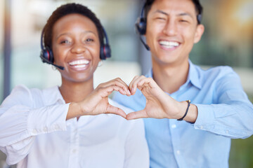 Poster - Heart hands, call center and portrait of business people consulting for crm or customer service. Finger, emoji and happy face of telemarketing consultant team smile for contact us, faq and support