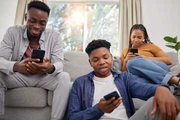 Sticker - Phone, communication and african friends on social media for browsing while sitting on a living room sofa. App, contact and internet with a group of black people using mobile technology in a home