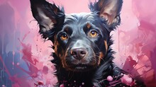  A Painting Of A Black Dog With Orange Eyes And A Pink Background.  Generative Ai
