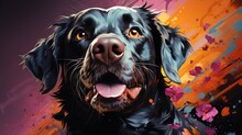  A Black Dog With Yellow Eyes And A Pink Background With Flowers.  Generative Ai