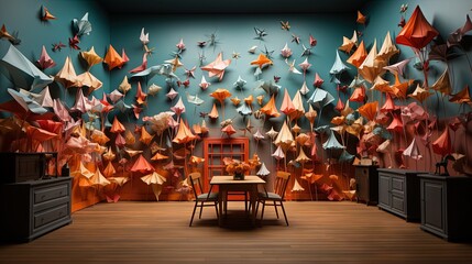 Sticker -  a room filled with lots of origami cranes on the wall.  generative ai