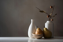 Minimalistic Design In Natural Earth Colors. Composition Of Different Items. Two White Ceramic Vases With A Branch, Two Brown Bowls And Two Pears. Still Life, Modern Art Abstract Design Concept, Copy 