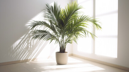 Wall Mural - Empty bright room with large windows with a palm tree in a pot. AI generation