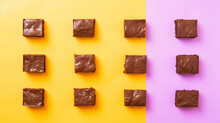 Brownies On Colorful Background. Copy Space On The Side. Generative AI.