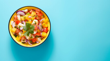 Ceviche on colorful background. Copy Space on the side. Generative AI.