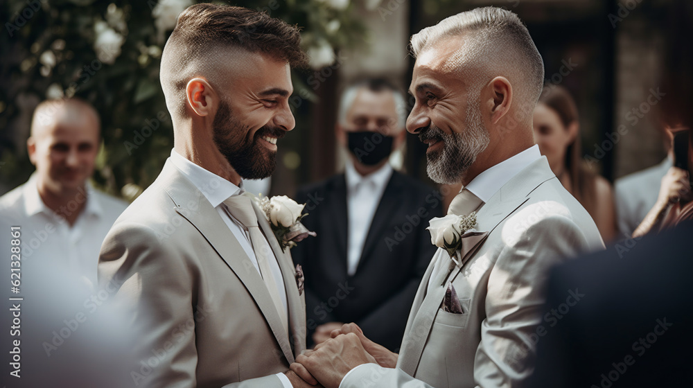 Generative AI, two handsome men in smart suits, wedding, groom, lgbt ...