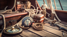 Vintage Nautical Travel Instruments With Rope And Anchor On Wooden Ship Deck Background. Generative Ai