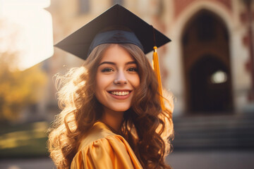 Wall Mural - Happy female graduate wearing a graduation cap recently graduated from school. Learning and university concept