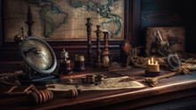 Old Maps With Marine Equipment Like Compass, Magnifier. Generative Ai