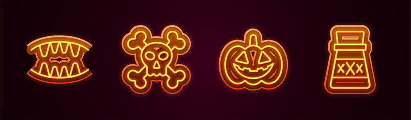 Sticker - Set line Vampire teeth, Skull on crossbones, Pumpkin and Bottle with potion. Glowing neon icon. Vector