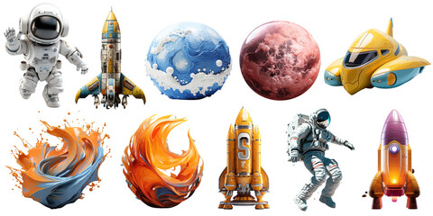 Wall Mural - A set of 3d objects astronaut, planet, satellite, rocket, ufo, comet isolated on a white background. Vector illustration