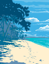 WPA Poster Art Of Unspoiled White Sand Beach In Santa Fe Located In Bantayan Island, Cebu In The Visayan Sea, Philippines Done In Works Project Administration Or Art Deco Style.