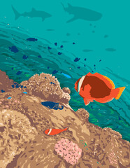 Wall Mural - WPA poster art of red anemonefish or Australian clownfish Amphiprion rubrocinctus in the Visayan Sea located in Oslob, Cebu in the Philippines done in works project administration or Art Deco style.