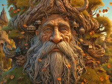 Magical Living Huge Tree With The Face Of An Elderly Person Or A Gnome, Close-up Generative AI