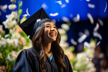 Wall Mural - Young girl wearing a graduation cap at school