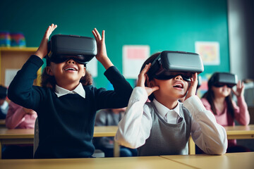 Interactive school concept of kids wearing VR virtual reality glasses. E-learning, education and learning concept