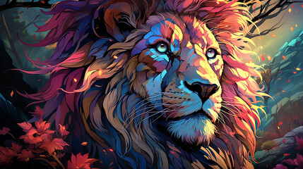 Sticker - blacklight type painting of abstract lion illustration generative ai