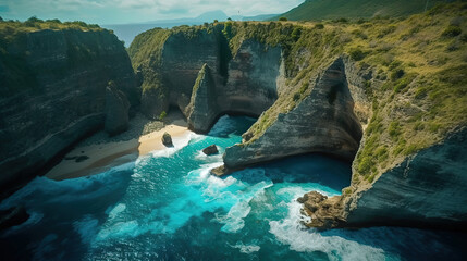 Canvas Print - Beautiful aerial photography of the shoreline of the sea. Generative ai