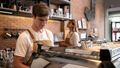 Barista working in cafe. Portrait of young male barista standing behind counter in coffee shop.