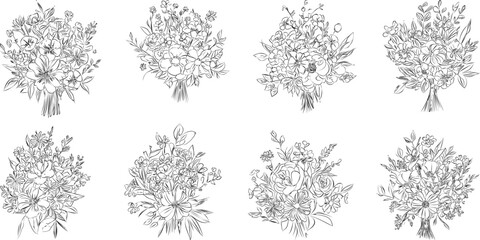 Minimalist black and white collection vintage, hand-drawn flowers in contemporary line art ink, creating a retro timeless bundle shapes doodle design elements. Exotic jungle leaves and plants