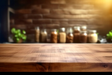 Wooden texture table top on blurred kitchen interior background. Epmty template for product display. Generative Ai