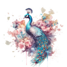 Watercolor Peacock Bouquets T-shirt Design Featuring Exquisite Bouquets Of Watercolor Peacock Feathers Intertwined With Vibrant Flowers, Generative Ai