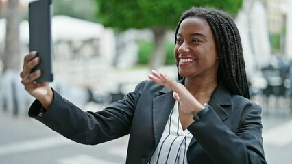 Sticker - African american woman business worker having video call at coffee shop terrace