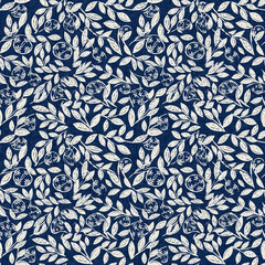 Wall Mural - Masculine indigo floral blockprint linen seamless pattern. All over print of navy blue cotton effect flower linocut fabric background.