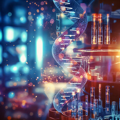 Wall Mural - DNA molecule, illustration of double spiral, biotechnology, blurred background. Generative AI
