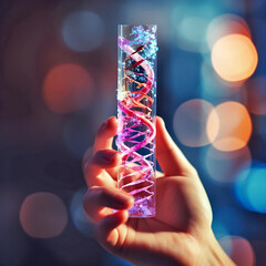 Wall Mural - DNA molecule in test tube on blue bokeh background. Biotechnology concept. Generative AI