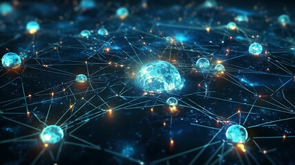 Global world network and data connection. Communication technology for internet business. Future. Blue futuristic background with planet Earth. Internet and technology.