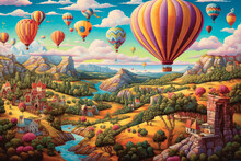 Whimsical Balloon Adventure: Whimsical Panorama Featuring A Hot Air Balloon Adventure In A Fantastical World, With Colorful Balloons Soaring Above Whimsical Landscapes