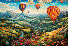 Whimsical Balloon Adventure: Whimsical Panorama Featuring A Hot Air Balloon Adventure In A Fantastical World, With Colorful Balloons Soaring Above Whimsical Landscapes