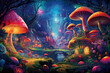 Enchanted Rainbow Forest: magical panorama of a whimsical forest, where vibrant rainbows arch across the sky, and colorful flora and fauna create an enchanting woodland realm