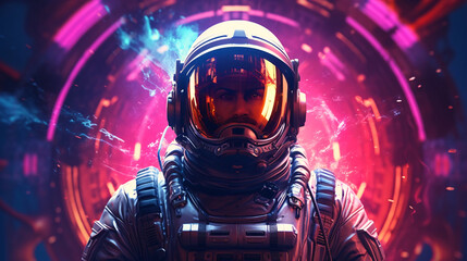 Wall Mural - Psychedelic Retro Wave Astronaut in Neon Light. Pink Blue Violet Trendy Colors. Front View of a Space Suit.