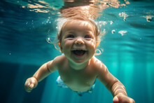 Adorable Baby Swiming Underwater. Diving Toddler. High Quality Photo