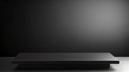 Empty black wooden shelf on dark background. High quality photo