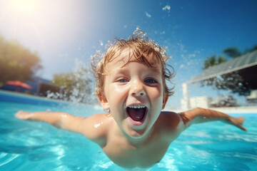 Happy kid swimming underwater and having fun. Happy childhood and summer vacation. High quality photo