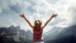 © PETR BABKIN - girl with outstretched arms on top of a mountain. Generative Ai.
