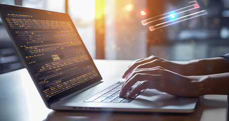 Software development concept. Coding programmer, software engineer working on laptop or with computer code on virtual screen, digital technology. AI generated