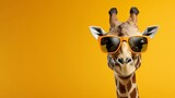 Fototapeta  - Funny stylish fashionable cartoon giraffe in sunglasses close up isolated on orange background with copy space, horizontal promo banner, children's parties and zoo