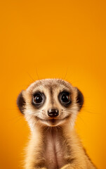 Wall Mural - Cute meerkat or suricate mongoose with happy positive smiling expression. Copy space above. Generative AI