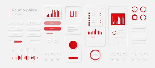 A set of user interface elements for a mobile application in white and red. User interface icons for the internet, social networks, and business. Neumorphic UI UX design collection. 