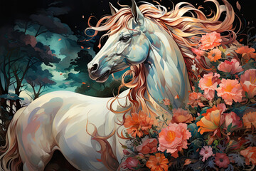 A whimsical watercolor magical unicorn floral nestled in a hidden grove, where the unicorn stands among a tapestry of enchanting flowers, their petals shimmering with a hint of magic, Generative Ai