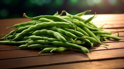 Agriculture harvest Food photography background - Ripe green beans vegetables on a dark wooden table (Generative Ai)