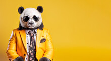 Cool Looking Panda Bear Wearing Funky Fashion Dress - Jacket, Tie, Glasses. Wide Banner With Space For Text At Side. Stylish Animal Posing As Supermodel. Generative AI