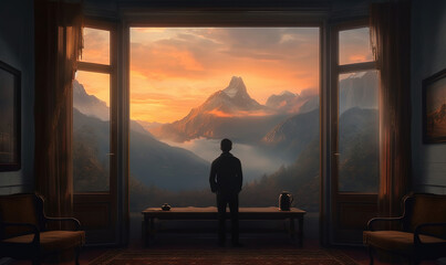 Wall Mural -  a man standing in front of a window looking out at mountains.  generative ai