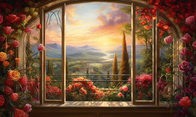 Wall Mural -  a painting of a window with a view of a beautiful landscape.  generative ai