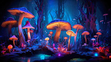 Ai Generative Illustration Of Blue Glowing Mushrooms