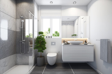 Wall Mural - Luxury modern bathroom interior design with glass walk-in shower - Created with generative AI tools